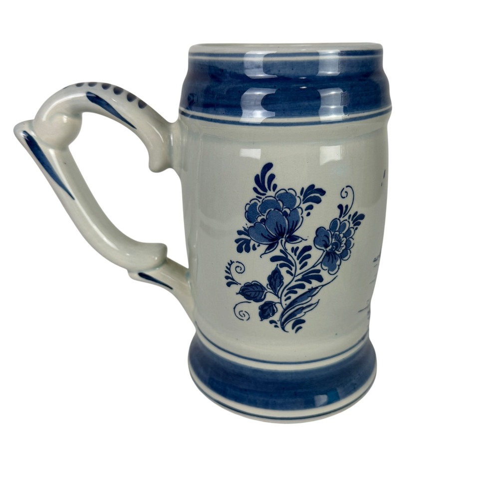 Delft Blauw Beer Stein Hand Painted Windmill Made in Holland Blue White Tankard